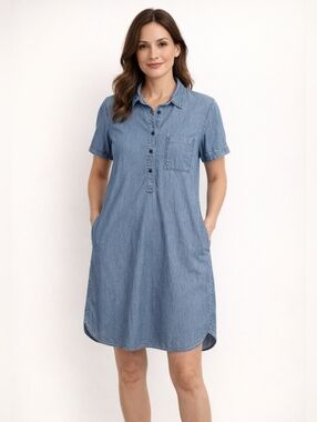 J.Crew Mercantile Chambray Dress Size S Blue Short Sleeve Pocket Casual Preppy